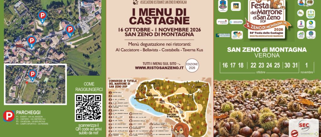 Offizieller Flyer zum Kastanienfest und Marrone-DOP-Fest in San Zeno di Montagna 2026